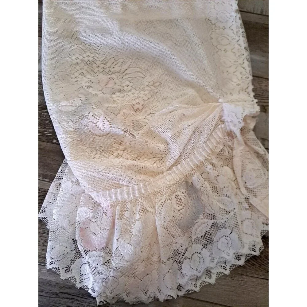 Vintage Lace Window Valance White Pink Blue Roses Gathered Ruffled Trim 58x20